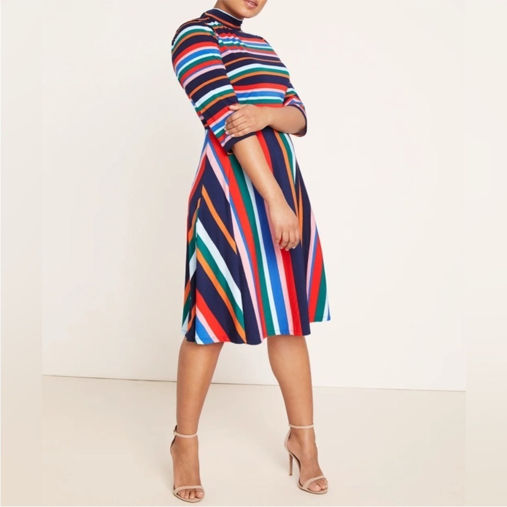 ❤️🔥Eloquii - Multicolor Vibrant Striped Tie-Neck Dress - XL
